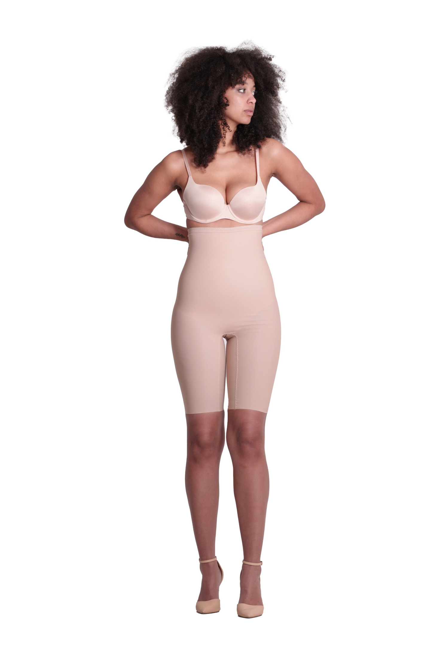 shelby seamless high rise shorts in nude, high waisted shaping, firm control shapewear.